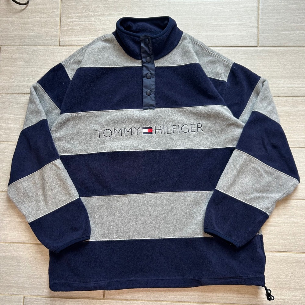 Vintage Tommy Hilfiger Fleece 1/4 Snap T Pullover Striped Men Size Large 90s